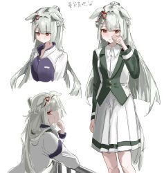  1girl animal_ears blush braid collared_shirt cowboy_shot crying ear_ribbon ears_down fujimasa_march_(umamusume) green_hair green_jacket highres hill_chuchu horse_ears horse_girl horse_tail jacket kasamatsu_tracen_school_uniform kasamatsu_tracen_training_uniform long_hair multiple_views purple_jacket red_eyes red_ribbon ribbon school_uniform shirt skirt tail track_jacket umamusume umamusume:_cinderella_gray upper_body white_shirt white_skirt 