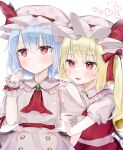  2girls absurdres ascot bangs bat_wings blonde_hair blue_hair blush bow brooch crystal dress eyebrows_visible_through_hair flandre_scarlet hair_between_eyes hat hat_bow heart highres jewelry mob_cap multiple_girls nano_(nazuna0512) open_mouth puffy_short_sleeves puffy_sleeves red_bow red_eyes red_ribbon red_vest remilia_scarlet ribbon short_hair short_sleeves siblings simple_background sisters skirt skirt_set touhou vest white_background white_headwear wings wrist_cuffs 