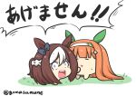  2girls :&gt; absurdres agemasen!_(meme) animal_ears bangs blue_bow bow braid brown_hair closed_eyes ear_bow eyebrows_visible_through_hair goma_(gomasamune) grass hair_between_eyes hairband highres horse_ears long_hair meme multicolored_hair multiple_girls open_mouth orange_hair parted_lips ponytail silence_suzuka_(umamusume) simple_background special_week_(umamusume) sweat teeth translation_request triangle_mouth twitter_username two-tone_hair umamusume upper_teeth violet_eyes white_background white_hair white_hairband wide-eyed 