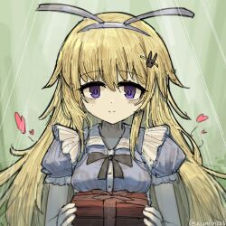  1girl alice_(black_souls) animal_ear_hairband animal_ears black_bow black_bowtie black_souls black_souls_2 blonde_hair blue_bow blue_headband blue_shirt bow bowtie box buttons fake_animal_ears frilled_sleeves frills gift gift_box green_background hair_ornament hairband hairclip headband heart holding holding_gift light_blush light_rays long_hair looking_at_viewer mole mole_under_eye rabbit_ear_hairband rabbit_ears rabbit_hair_ornament shirt short_sleeves signature sister_alice_(black_souls) smile solo violet_eyes xun_lin_(pixiv_93392103) 