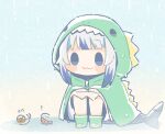  ! 1girl :3 animal bangs blue_eyes blue_hair blunt_bangs blush_stickers chibi commentary dinosaur_costume fish_tail gawr_gura hands_on_own_knees highres hololive hololive_english hood hood_up multicolored_hair rain raincoat same_anko shark_tail shrimp smile snail solo squatting streaked_hair symbol-only_commentary tail two-tone_hair virtual_youtuber white_hair 
