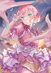  2girls absurdres breasts clouds cloudy_sky commentary crescent_moon finger_frame frills green_eyes green_nails grin highres hinoshita_kaho iroenpitsu_xxx link!_like!_love_live! looking_at_viewer love_live! medium_breasts moon multiple_girls orange_hair pov sky smile sugao_no_pixel sunset 