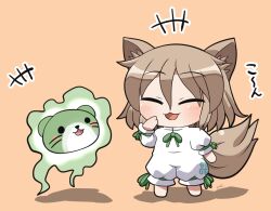  +++ 1girl :3 :d animal_ear_fluff animal_ears barefoot blush brown_hair closed_eyes commentary_request fox_ears fox_girl fox_tail full_body green_ribbon hand_up ko~n kudamaki_tsukasa open_mouth otter_spirit_(touhou) ribbon rokugou_daisuke short_hair short_sleeves signature simple_background sleeve_ribbon smile standing tail touhou white_romper 