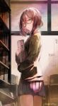  1girl bangs blazer book bookshelf brown_hair eyebrows_visible_through_hair from_side glasses highres holding holding_book indoors jacket library looking_at_viewer nagasawa_tougo open_mouth original pleated_skirt school_uniform short_hair skirt solo 