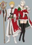  1boy 1girl alternate_costume amalda_(fire_emblem) bangs belt black_belt black_eyes black_footwear blonde_hair boots breasts cape commentary dress ebinku english_commentary fire_emblem fire_emblem:_thracia_776 full_body fur-trimmed_cape fur-trimmed_dress fur-trimmed_sleeves fur_trim grey_background grey_hair highres holding holding_sack holding_staff large_breasts long_sleeves looking_at_viewer male_focus pants red_cape red_dress sack santa_dress short_dress short_hair simple_background sleuf_(fire_emblem) smile staff standing thigh_boots white_footwear white_pants white_robe wide_sleeves 