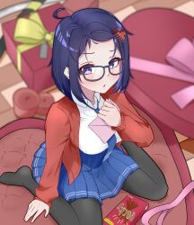  1girl absurdres black-framed_eyewear black_pantyhose blue_eyes blue_hair blue_necktie blue_skirt blush box cardigan claw_hair_clip commentary_request diguo_keran_wu from_above glasses heart-shaped_box highres in_box in_container long_sleeves looking_at_viewer mila_(miside) miside mita_(miside) mixed-language_commentary necktie open_cardigan open_clothes open_mouth pantyhose pleated_skirt pocket red_cardigan shirt short_hair sitting skirt solo textless_version wariza white_shirt 