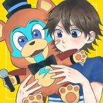  1boy bandaid bandaid_on_cheek bandaid_on_face blue_shirt bow bowtie brown_hair character_doll five_nights_at_freddy&#039;s five_nights_at_freddy&#039;s:_security_breach freddy_fazbear glamrock_freddy gregory_(fnaf) hat holding holding_microphone holding_stuffed_toy microphone mini_hat mini_top_hat shirt short_hair stuffed_animal stuffed_toy teddy_bear top_hat upper_body vege_8 