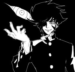  1boy aayes19 black_background black_hair disembodied_eye gakuran grin hand_up kabuto_kouji male_focus mazinger_(series) mazinger_zero_(mecha) one_eye_in_shadow outline ringed_eyes school_uniform shin_mazinger_zero short_hair sideburns simple_background smile solo spiky_hair upper_body white_outline 