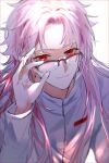  1boy absurdres adjusting_eyewear blurry chinese_commentary chromatic_aberration eyebrows_behind_hair eyes_visible_through_hair glasses hair_intakes hatsutori_hajime highres long_hair long_sleeves pink_hair red_eyes saibou_shinkyoku shirt smile white_background white_shirt zhengweilianren 