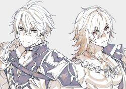  2boys armor belt_collar braid chest_tattoo choker coat collar collared_coat confrontation earrings facial_tattoo greyscale honkai:_star_rail honkai_(series) jewelry looking_at_viewer male_focus monochrome multiple_boys mydei_(honkai:_star_rail) neck_tattoo necklace open_clothes open_coat phainon_(honkai:_star_rail) short_hair shoulder_armor sun_symbol sun_tattoo tattoo toriyoshi 