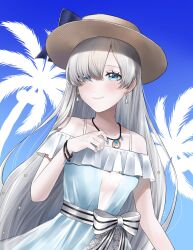  1girl anastasia_(fate) anastasia_(swimsuit_archer)_(first_ascension)_(fate) blue_eyes bracelet chou_chou_(chouchou_136) dress earrings fate/grand_order fate_(series) grey_hair hair_over_one_eye hat highres jewelry long_hair necklace palm_tree smile sundress tree 