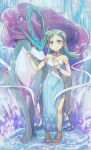  1girl aqua_dress aqua_eyes aqua_hair bare_shoulders breasts choker collarbone dress full_body hair_ornament halter_dress halterneck highres kris_(pokemon) looking_at_viewer medium_hair official_alternate_costume pokemon pokemon_(game) pokemon_gsc pokemon_masters_ex sadanwo sandals shorts shorts_under_dress side_slit small_breasts smile suicune walking walking_on_liquid water wrist_cuffs 