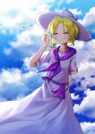  1girl ^_^ absurdres blonde_hair blouse blue_sky bow closed_eyes closed_mouth clouds cloudy_sky commentary_request day happy hat hat_bow highres louise_(touhou) low_twintails neckerchief nettian51 outdoors purple_bow purple_neckerchief purple_sailor_collar purple_sash sailor_collar sash shirt short_sleeves skirt skirt_set sky smile sun_hat touhou touhou_(pc-98) twintails upper_body white_headwear white_shirt white_skirt 