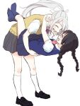  2girls arms_around_neck arms_behind_back black_hair bow carrying carrying_person chigofumi closed_eyes commentary_request height_difference higuchi_kaede holding holding_person leg_lock multiple_girls nijisanji no_shoes school_uniform smile tagme tsukino_mito violet_eyes virtual_youtuber white_bow yuri 