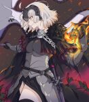  1girl absurdres anianiani0607 armor fate/grand_order fate_(series) fire highres jeanne_d&#039;arc_alter_(fate) short_hair solo sword weapon white_hair yellow_eyes 