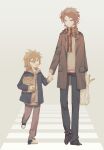  2boys :d bag blonde_hair blue_jacket brown_coat brown_hair brown_hoodie brown_pants child chinese_commentary closed_mouth coat crosswalk eyebrows_visible_through_hair fang father_and_son food green_eyes grey_pants hair_between_eyes happy harada_minoru highres holding holding_bag holding_hands hood hood_down hoodie isoi_reiji jacket long_sleeves lsqmsukiki multiple_boys open_clothes open_coat open_jacket open_mouth pants paper_bag plaid plaid_scarf plastic_bag pocket red_eyes ribbed_sweater saibou_shinkyoku scarf shoes short_hair sketch smile sneakers spring_onion sweater vegetable walking yellow_sweater 