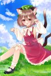  1girl :d absurdres animal_ear_fluff animal_ears bangs black_footwear blue_sky blush bow bowtie brown_eyes brown_hair cat_ears cat_tail chen clouds day earrings eyebrows_visible_through_hair fang foot_out_of_frame grass green_headwear hat highres huako31 jewelry long_sleeves mary_janes mob_cap multiple_tails nekomata open_mouth outdoors paw_pose red_skirt red_vest shirt shoes short_hair single_earring sitting skirt skirt_set sky smile socks solo tail touhou vest white_bow white_legwear white_shirt 