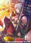 1girl armor boobplate bread breastplate brick_wall dried_fish eating effie_(fire_emblem) fire_emblem fire_emblem_cipher fire_emblem_fates food fruit green_eyes hair_bun holding holding_polearm holding_weapon looking_at_viewer meat momose_hisashi official_art open_mouth polearm weapon 
