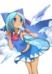  1girl absurdres adapted_costume blue_dress blue_eyes blue_hair cirno dress food highres ice ice_wings neck_ribbon popsicle red_ribbon ribbon shiki_karin short_hair solo touhou wings 