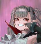 1girl armpits bangs bridal_gauntlets cross cross_earrings draculina_(last_origin) earrings elbow_gloves eyebrows_visible_through_hair fangs gloves grey_hair grin jewelry last_origin nyanom pink_background pointy_ears red_eyes simple_background smile solo twintails two_side_up 