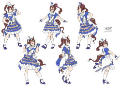 absurdres animal_ears arm_behind_back arms_behind_back blue_eyes blue_shoes breasts brown_hair commentary dress frilled_dress frills hat highres horse_ears horse_girl horse_tail kneehighs medium_breasts multicolored_hair ponytail ryuusei_(mark_ii) shoes signature smile socks standing standing_on_one_leg streaked_hair tail tilted_headwear tokai_teio_(umamusume) twitter_username two-tone_hair umamusume w white_hair white_hat white_socks wrist_cuffs 
