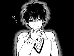 1boy black_background black_hair closed_mouth commentary_request hand_up long_sleeves looking_at_viewer male_focus misono_(msn_png) monochrome original short_hair solo sweat sweater_vest translation_request upper_body 