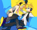  artist_name bare_arms bare_shoulders black_gloves black_jacket black_pants black_star_(module) blonde_hair blue_eyes blue_moon_(module) eye_contact face-to-face fingerless_gloves gloves grey_shorts hair_ornament hairclip hand_on_another&#039;s_head headphones highres jacket kagamine_len kagamine_rin kodoku_no_hate_(vocaloid) leg_warmers looking_at_another midriff midriff_peek navel necktie necktie_grab neckwear_grab negi_(ulog&#039;be) on_person open_mouth pants project_diva_(series) shirt short_hair short_ponytail shorts signature sitting sleeveless sleeveless_blazer sleeveless_shirt vocaloid white_shirt yellow_nails yellow_necktie 