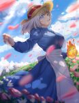  1girl apron artist_name bangs blue_dress blue_eyes blue_sleeves blurry blurry_foreground breasts clouds commentary_request curled_fingers dated dress fire flower hand_up hat holding howl_no_ugoku_shiro looking_at_viewer medium_hair open_mouth outdoors parted_lips petals pointy_nose rock shadow shiro_(user_wegy5455) sky solo sophie_(howl_no_ugoku_shiro) spirit standing sun_hat white_apron white_hair 
