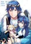  1boy ameno_(a_meno0) blue_hair bow carrying chrom_(fire_emblem) dress father_and_daughter fire_emblem fire_emblem_awakening happy_birthday long_hair looking_at_viewer lucina_(fire_emblem) short_hair short_sleeves smile stuffed_animal stuffed_toy symbol-shaped_pupils teddy_bear 