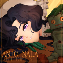  1girl anjo_nala black_hair brown_background character_name coif gloves green_gloves grin hayde_ink head_on_hand inset_border looking_at_viewer lying on_side portrait reverse:1999 smile solo toy_robot twitter_username violet_eyes 
