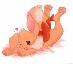  :3 ancesra animal_focus artist_name bed_sheet blush bow brown_eyes commentary eevee english_commentary fang feet_up fluffy full_body fur_collar happy highres looking_at_viewer lying no_humans non-web_source nose_blush on_stomach one_eye_closed open_mouth outstretched_arms patreon_username pawpads pokemon pokemon_(creature) red_bow simple_background smile solo tail tail_bow tail_ornament watermark web_address white_background 