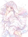  1girl angel angel_wings animal_ears barefoot blue_eyes blush commentary_request dot_mouth dress feathered_wings grey_hair long_hair looking_at_viewer lying mutou_mato on_side original own_hands_together sketch solo white_dress wings 
