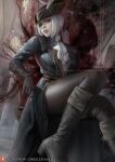  1girl ascot black_gloves bloodborne blue_eyes boots gloves hat hat_feather lady_maria_of_the_astral_clocktower lips long_hair long_jacket looking_at_viewer olesyaspitz pants ponytail sitting solo tight tight_pants tricorne watermark web_address white_hair 