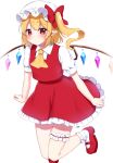  1girl absurdres ascot bangs blonde_hair blush bow closed_mouth collared_shirt commentary_request crystal dress eyebrows_visible_through_hair eyes_visible_through_hair flandre_scarlet hair_between_eyes hat hat_bow highres jewelry leg_up looking_at_viewer mob_cap multicolored_wings one_side_up pointy_ears puffy_short_sleeves puffy_sleeves red_bow red_dress red_eyes red_footwear shinonome_asu shirt shoes short_hair short_sleeves simple_background socks solo standing standing_on_one_leg touhou white_background white_headwear white_legwear white_shirt wings yellow_ascot 