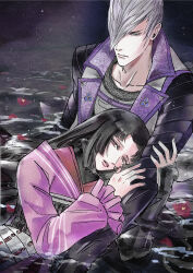  1boy 1girl armor black_hair brown_eyes frown green_eyes grey_hair hair_over_one_eye highres holding_another's_arm ishida_mitsunari_(sengoku_basara) japanese_armor jinbaori kaoru long_hair looking_at_viewer oichi_(sengoku_basara) parted_lips partially_submerged sengoku_basara short_hair 