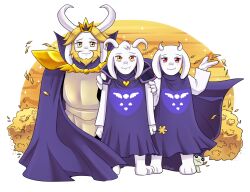  1girl 2016 2boys 2d animal animal_ears anthro armor artist_name asgore_dreemurr asriel_dreemurr beard blonde_hair cape couple creature crown delta_rune_(symbol) digital_media droopy_ears facial_hair family father_and_son female floppy_ears flower frog froggit full_body furry furry_female furry_male goat goat_boy goat_ears goat_girl goat_horns heart heart_necklace highres holding holding_flower horns husband_and_wife keterok male mammal monster monster_boy monster_girl mother_and_son multiple_boys necklace orange_eyes pauldrons purple_cape purple_robe red_eyes robe skin_fangs standing straight-on toriel trio undertale utdr_(toby_fox) white_fur white_horns yellow_eyes yellow_flower 