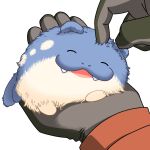  1other animal_focus black_gloves closed_eyes fangs gloves highres holding holding_pokemon open_mouth pokemon pokemon_(creature) risapaso simple_background smile spheal white_background 