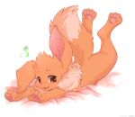  :3 ancesra animal_focus artist_name bed_sheet blush brown_eyes commentary eevee english_commentary fang feet_up fluffy full_body fur_collar happy highres looking_at_viewer lying musical_note no_humans non-web_source nose_blush on_stomach open_mouth outstretched_arms patreon_username pawpads pokemon pokemon_(creature) simple_background smile solo watermark web_address white_background 