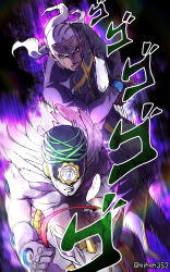  1boy 1other absurdres aura cassock colored_skin commentary commentary_request cross-eyed dark-skinned_male dark_skin enrico_pucci feathers highres holding holding_reins jojo_no_kimyou_na_bouken made_in_heaven_(stand) male_focus menacing_(jojo) motion_lines open_mouth ponytail priest reins robe speed_lines speedometer stand_(jojo) stone_ocean user_wgtw7488 white_hair white_skin 