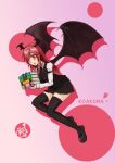  :o arm_belt artist_request bat_wings black_footwear black_legwear black_necktie black_skirt black_vest blush book book_stack breasts character_name circle collared_shirt drop_shadow full_body hair_over_one_eye head_wings holding holding_book koakuma loafers long_hair long_sleeves looking_at_viewer medium_breasts necktie pink_background red_eyes redhead shirt shoes sidelocks simple_background skirt skirt_set thigh-highs touhou vest white_shirt wings zettai_ryouiki 