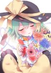  1girl absurdres blue_flower blue_rose blurry blurry_background blush closed_eyes flower flower_request green_hair hair_between_eyes hat hat_ribbon heart heart_of_string highres holding komeiji_koishi light_smile long_sleeves parted_lips pink_flower red_flower ribbon rori82li rose shirt short_hair simple_background solo spider_lily touhou white_background yellow_flower 