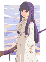  1girl bluearcadegames breasts closed_mouth dress fern_(sousou_no_frieren) highres holding holding_staff long_hair long_sleeves looking_at_viewer mage_staff medium_breasts purple_hair solo sousou_no_frieren staff white_dress 