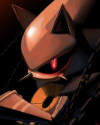  1boy absurdres black_background chain commentary highres male_focus metal_sonic red_eyes robot solo sonic_(series) thehumancopier upper_body 