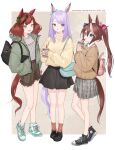  3girls :d absurdres animal_ears backpack bag bangs black_footwear black_skirt blue_eyes blush bow brown_hair brown_shirt casual character_name clothes_writing collared_shirt cup disposable_cup drinking_straw ear_bow ear_covers english_text full_body green_footwear green_jacket grey_eyes grey_shirt hair_ornament hand_in_pocket handbag high_tops highres holding holding_cup horse_ears horse_girl horse_tail jacket long_hair looking_at_another looking_at_viewer mejiro_mcqueen_(umamusume) miniskirt multicolored_hair multiple_girls nice_nature_(umamusume) open_clothes open_jacket open_mouth pink_bag pink_bow pleated_skirt ponytail purple_hair redhead shirt shoes short_twintails shorts simple_background skirt smile sneakers socks streaked_hair sweater tail tamayume tokai_teio_(umamusume) twintails two-tone_hair umamusume very_long_hair violet_eyes yellow_sweater 