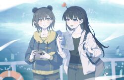  2girls absurdres bag_charm bang_dream! bang_dream!_it's_mygo!!!!! black_hair black_shirt blue_hoodie blush brh brown_background brown_eyes camera charm_(object) chinese_commentary collarbone commentary_request grey_bag grey_hair grey_shorts hairband heart highres holding holding_camera hood hood_down hoodie jacket lifebuoy long_hair long_sleeves lower_teeth_only mole mole_under_eye multiple_girls open_mouth railing shiina_taki shirt short_hair shorts swim_ring takamatsu_tomori teeth violet_eyes white_jacket 