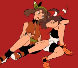  2girls bandana bike_shorts bike_shorts_under_shorts dual_persona green_bandana kendy_(revolocities) may_(pokemon) multiple_girls orange_shoes pokemon pokemon_emerald pokemon_oras pokemon_rse red_background red_shirt red_theme shirt shoes shorts simple_background sitting sleeveless sleeveless_shirt tearing_up 