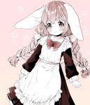  1girl animal_ears apron blush bow bowtie braid commentary_request cowboy_shot dress gradient gradient_background hair_bow highres long_hair long_sleeves maid maid_apron monochrome mutou_mato original smile solo twin_braids 