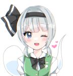  1girl ;d alternate_hairstyle bangs black_bow black_hairband black_ribbon blue_eyes blunt_bangs blush bow bowtie eyebrows_visible_through_hair green_vest hair_ribbon hairband heart highres hitodama konpaku_youmu konpaku_youmu_(ghost) looking_at_viewer one_eye_closed open_mouth ribbon riruku shirt short_hair smile solo touhou upper_body vest white_background white_shirt 