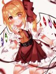  1girl ahoge ascot bangs belt blonde_hair blurry blush bow crystal depth_of_field eyebrows_visible_through_hair flandre_scarlet frills grey_background grin hair_between_eyes highres looking_at_viewer one_side_up parted_lips petticoat puffy_short_sleeves puffy_sleeves red_bow red_eyes red_ribbon red_skirt red_vest ribbon shirt short_sleeves skirt skirt_set smile socks solo touhou tsuyuji_shigure vest white_legwear white_shirt wings wrist_cuffs 