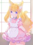  1girl animal_ear_fluff animal_ears apron backlighting blonde_hair blush collar commentary_request cowboy_shot dress fox_ears fox_tail frilled_dress frills highres long_hair mutou_mato original pink_dress pink_eyes short_sleeves smile solo tail twintails white_apron window wrist_cuffs 